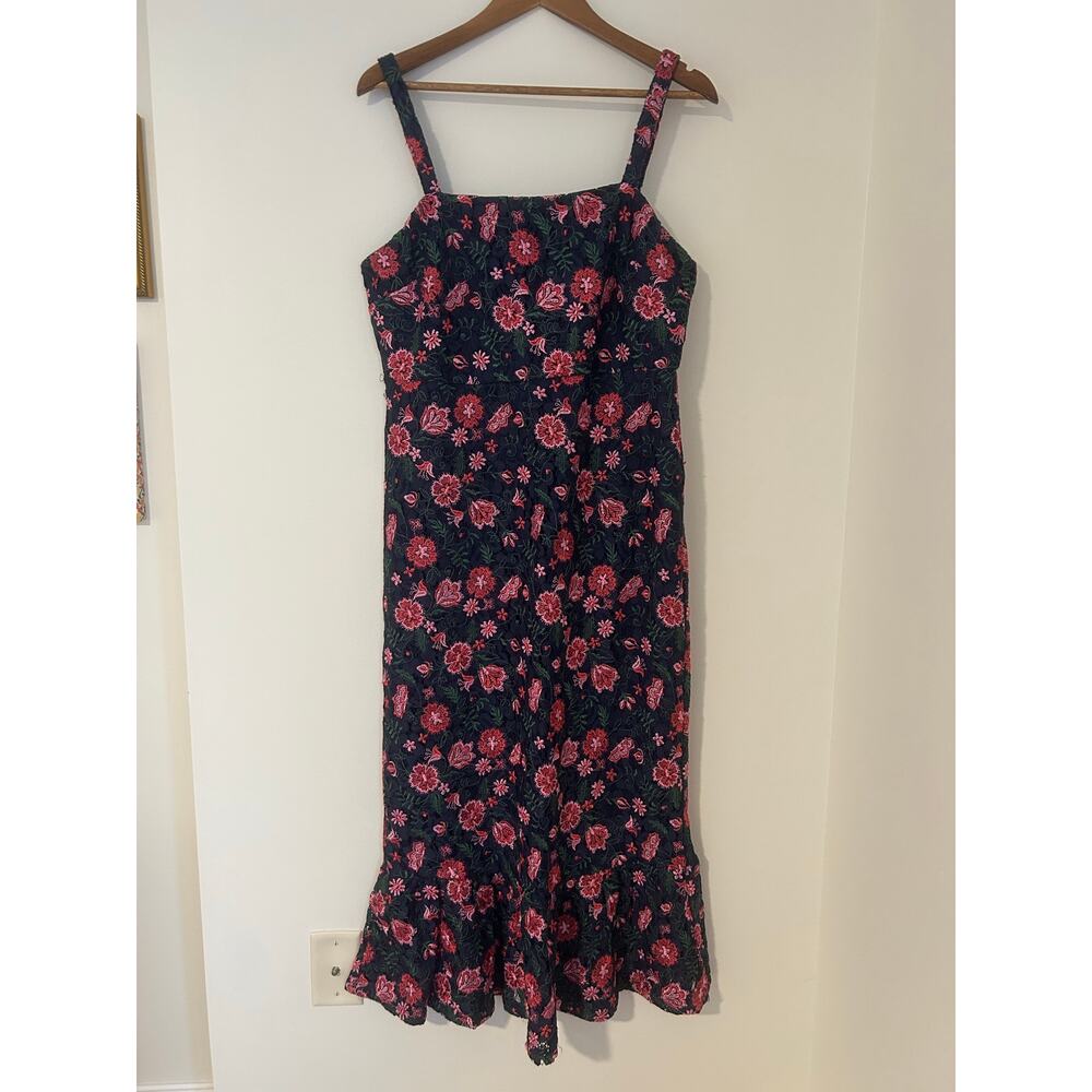 Arula Fit and Flare Navy Blue Pink Green Lace Floral Dress EUC Square Neck 0X